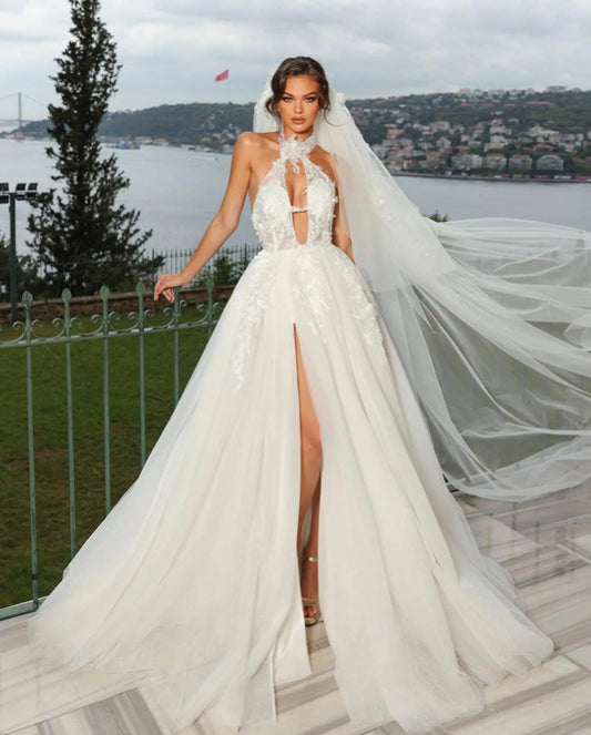 Bohemian Sexy Wedding Dress Halter Neck 3D Floral Appliques Sleeveless Bridal Dress Side Split A Line Wedding Gowns Custom As Picture
