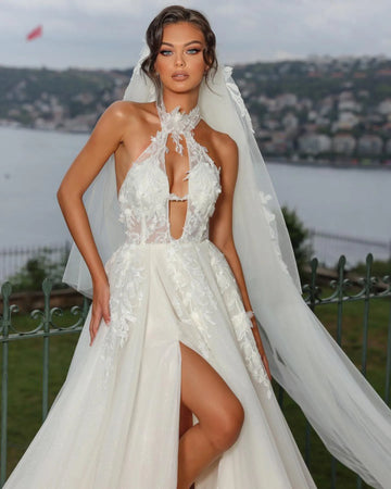 Boho Wedding Dress For Women Halter Neck Lace Appliques A-Line Tulle Bridal Gown Floor-Length Sexy High Split Beach Long Dress As Picture