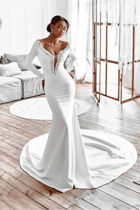 Graceful Sexy Deep V Neck Mermaid Wedding Dress Crystal Chic Low-Back Long Sleeves Court Train Bridal Gown Robe Custom Beige