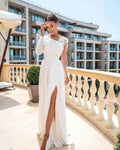 Beautiful Dress Unique Wedding Dress Asymmetric Long Sleeve Lace Appliques A-Line Chiffon Floor-Length Bridal Dress Eveing Dress