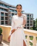 Beautiful Dress Unique Wedding Dress Asymmetric Long Sleeve Lace Appliques A-Line Chiffon Floor-Length Bridal Dress Eveing Dress