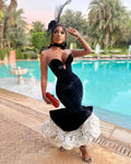 Sexy Black African Sheath Prom Dresses Velvet Mermaid Strapless 3D Flowers Ankle Length Formal Occasion Dresses
