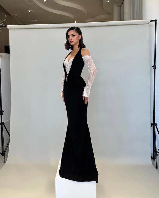 Fashion Black White Prom Dress Mermaid Halter Off The Shoulder Pleat Floor Length Formal Evening Dress vestido de gala