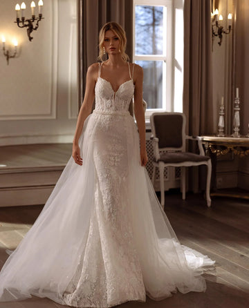 Exquisite Wedding Dresses For Women Sheath Mermaid With Detachable Train Sweetheart Bridal Gowns Lace Vestidos De Novia Champagne