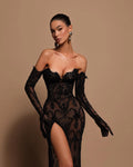 Sexy Black Lace Mermaid Prom Dress Strapless High Side Slit Formal Illusion Evening Dress Floor Length Party Gown