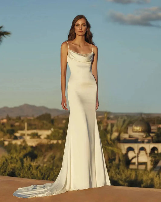 Square-Neck Sleeveless Beaded Lace Mermaid Wedding Dress Open Back Court Train Floor Length Bridal Gown Custom Made White