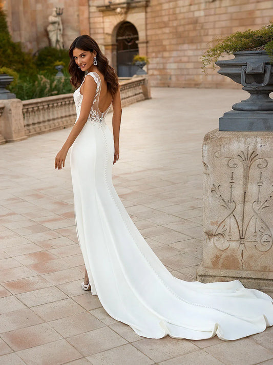 High Split Mermaid Wedding Dress Fashion V-Neck Sleeveless Satin Bride Party Spaghetti Straps Backless Button Robe Mariée