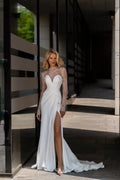High Neck Long Sleeves Pleats Lace Mermaid Wedding Dress High Side Slit Illusion Zipper Back Court Train Bridal Gown White