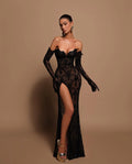 Sexy Black Lace Mermaid Prom Dress Strapless High Side Slit Formal Illusion Evening Dress Floor Length Party Gown