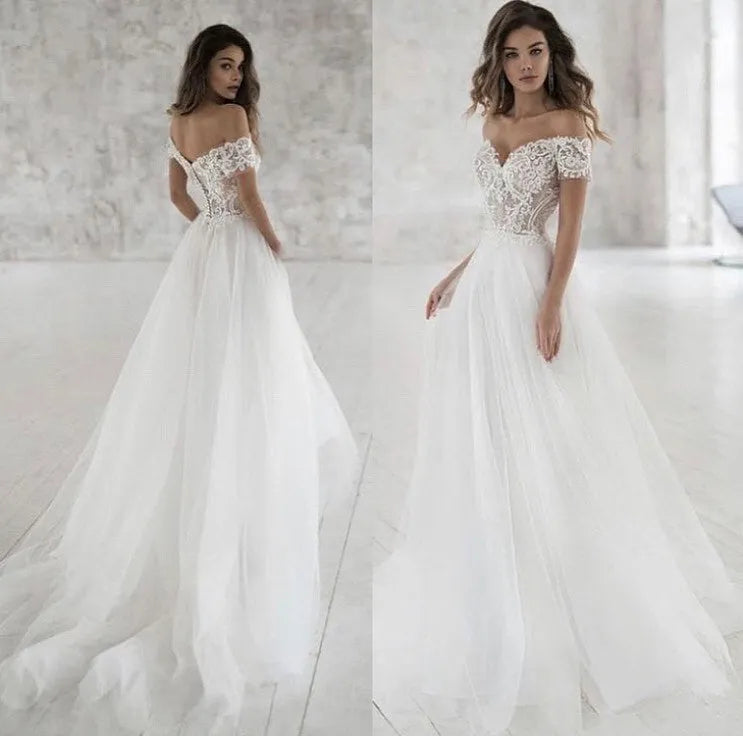 Off The Shoulder Beach Wedding Dress V-Neck Appliqued Bride Dresses Boho Elegant Lace Bridal Gowns Bohemian