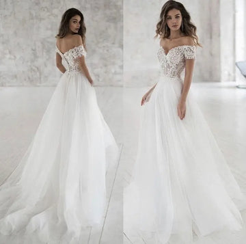 Off The Shoulder Beach Wedding Dress V-Neck Appliqued Bride Dresses Boho Elegant Lace Bridal Gowns Bohemian