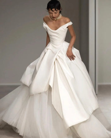 A Line Satin Tulle Wedding Gowns For Bride V-neck Draped Buttons Back Bridal Gowns Women Formal Party Gowns vestidos As Picture