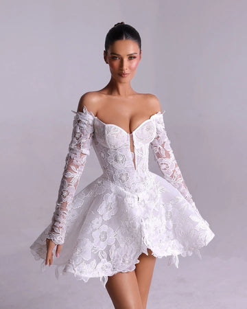 Lace Mini Party Dress Sweetheart Long Sleeves Short Prom Gowns Elegant Women Birthday Party Gowns A Line Formal Dress Custom Color
