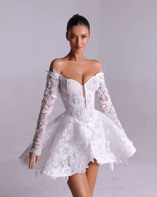 Lace Mini Party Dress Sweetheart Long Sleeves Short Prom Gowns Elegant Women Birthday Party Gowns A Line Formal Dress Custom Color