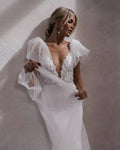 Mermaid Wedding Dresses Lace V-Neck Spaghetti Straps Open Back Satin Elegant Bridal Gown Sweep Train Vestidos De Novia