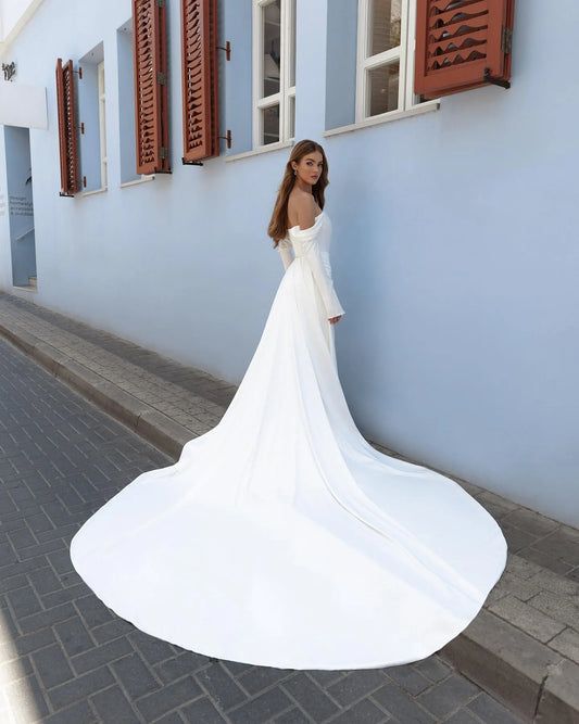 Simple Off The Shoulder Three Quarter Sleeve Satin Wedding Dress Sexy Back Up Side Slit Mermaid Bridal Gown Robe De Mariee