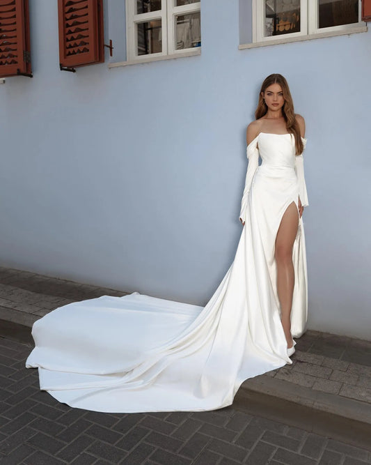 Simple Off The Shoulder Three Quarter Sleeve Satin Wedding Dress Sexy Back Up Side Slit Mermaid Bridal Gown Robe De Mariee Ivory