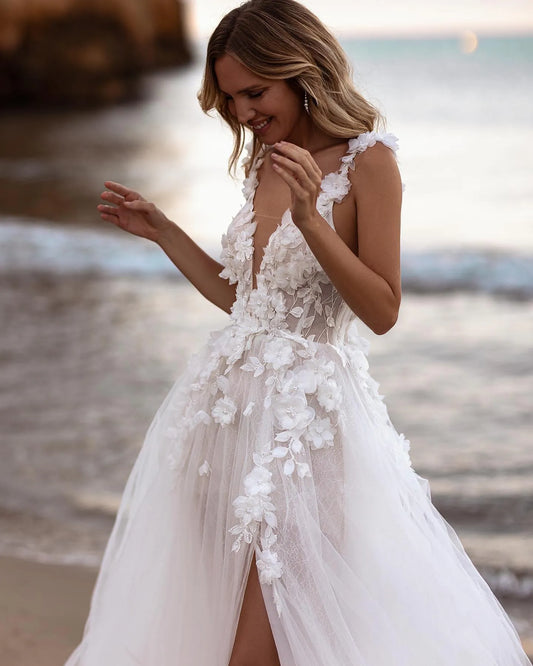 Elegant A Line 3D Flowers Wedding Dresses Women's Sexy Side High Split Bridal Gowns Formal V Neck Lace Appliques Tulle Vestidos