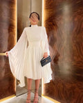Ivory Chiffon High Neck Prom Dresses For Women FullSleeves Floor Length Belt Pleated Formal Party Gowns Evening Gowns