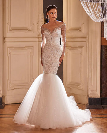 Luxury Shining bridal Gowns Sequins With Tulle Mermaid Dresses O-neck Full Sleeve Elegant Gowns Button Vestido De Casamento 50cm