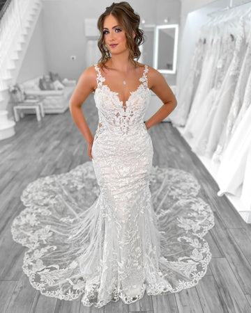 Luxury Wedding Dress Women Mermaid Open Back V-Neck Lace Spaghetti Strap Bridal Gown Sweep Train Vestidos De Novia White 4