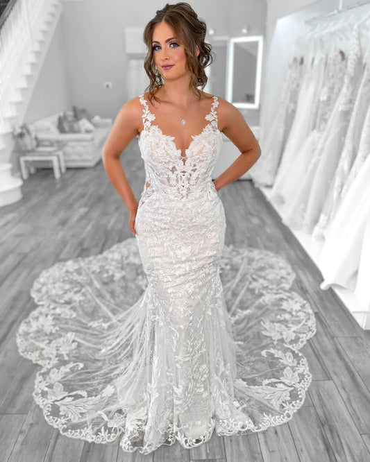 Luxury Wedding Dress Women Mermaid Open Back V-Neck Lace Spaghetti Strap Bridal Gown Sweep Train Vestidos De Novia White 4