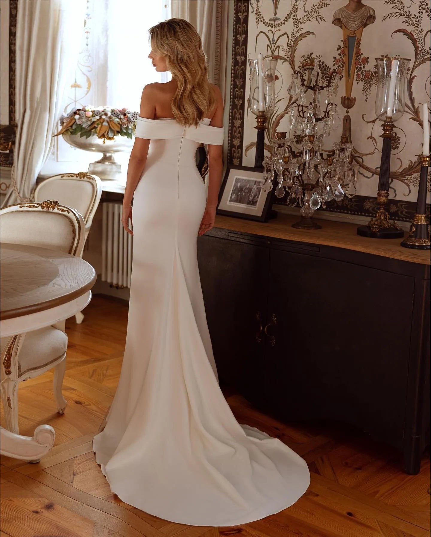 Graceful Off The Shoulder Mermaid Wedding Dresses Women Sequin Pleat Satin Boho Beach Bridal Gown Robe Customize De Mariee
