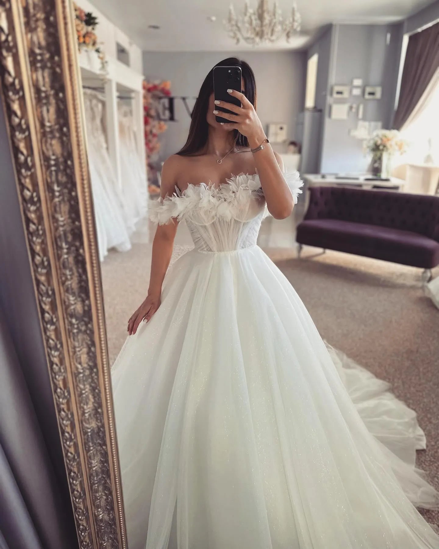 Elegant Tulle Wedding Dresses Ruched Off Shoulder A-Line 3D Flowers Bridal Gowns Ball Backless Princess Bride Dress