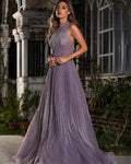 Elegant Purple Prom Dress A-Line Halter Sequineds Sleeveless Ruched Formal Evening Dress Floor Length Party Gown
