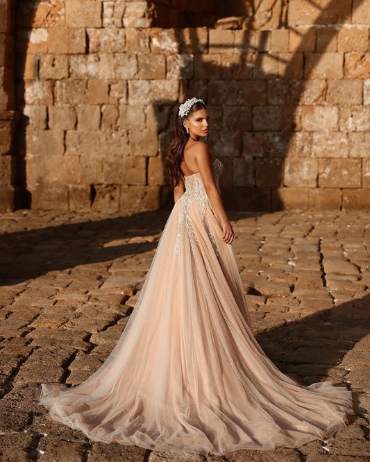 Graceful Champagne Sweetheart Wedding Dresses Lace Appliqued Beaded Split Woman Bridal Dress Robe Custom Vestido De Novia