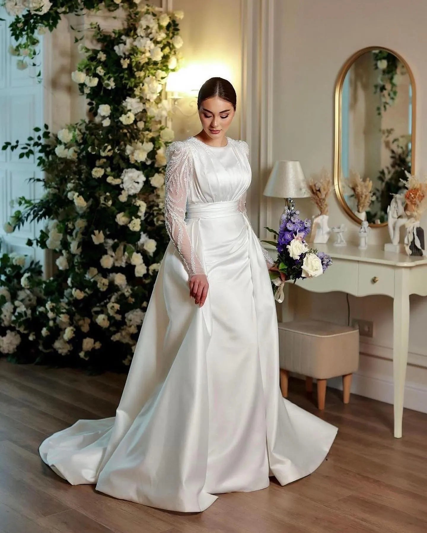 Luxury Satin Muslim Wedding Dresses Women's Mermaid Sexy Glitter Formal Long Sleeve Muslim 2 in 1 Bridal Gowns Vestidos De Novia Champagne