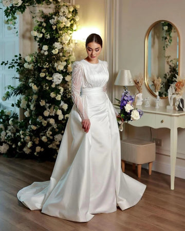 Luxury Satin Muslim Wedding Dresses Women's Mermaid Sexy Glitter Formal Long Sleeve Muslim 2 in 1 Bridal Gowns Vestidos De Novia Champagne