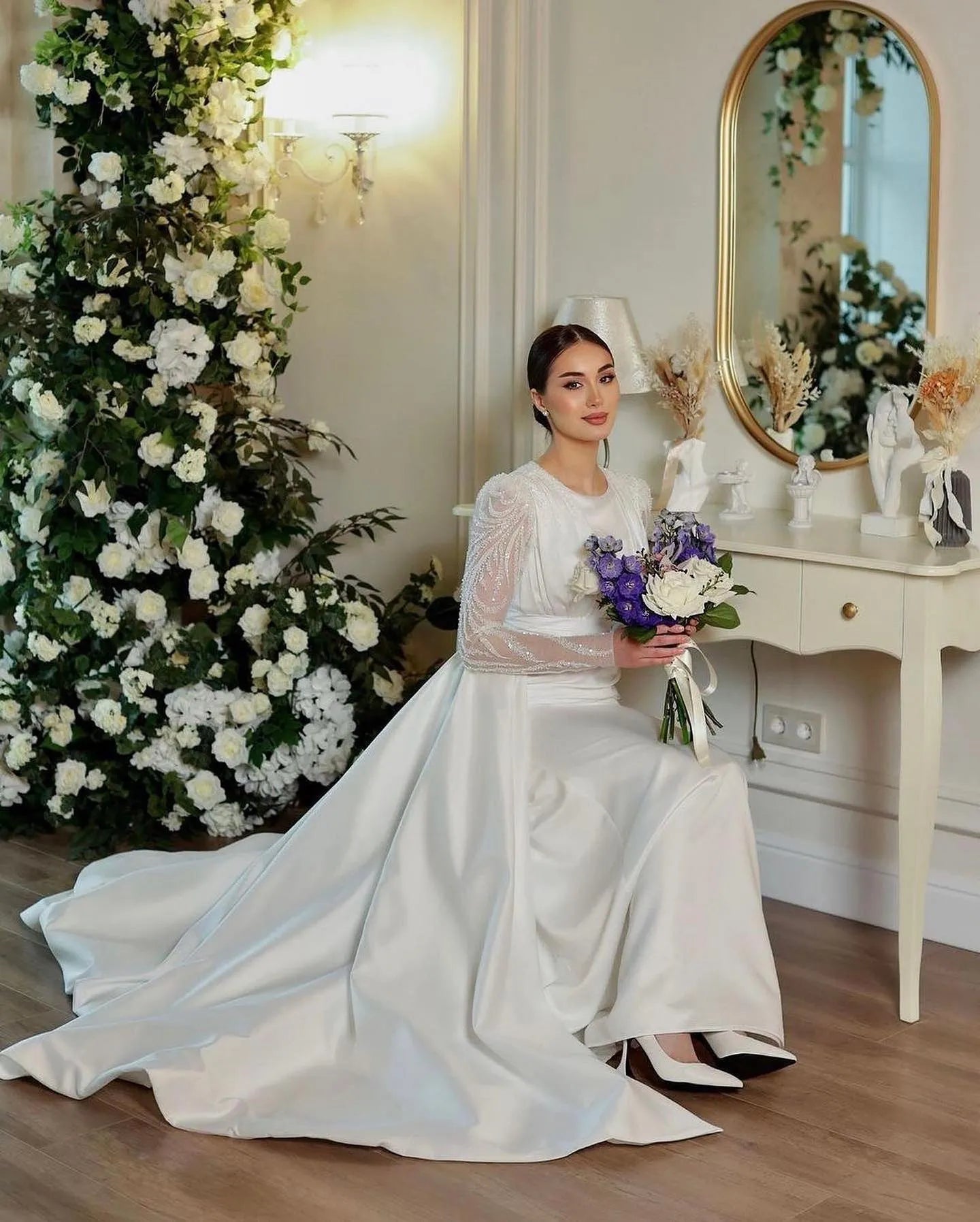 Luxury Satin Muslim Wedding Dresses Women's Mermaid Sexy Glitter Formal Long Sleeve Muslim 2 in 1 Bridal Gowns Vestidos De Novia