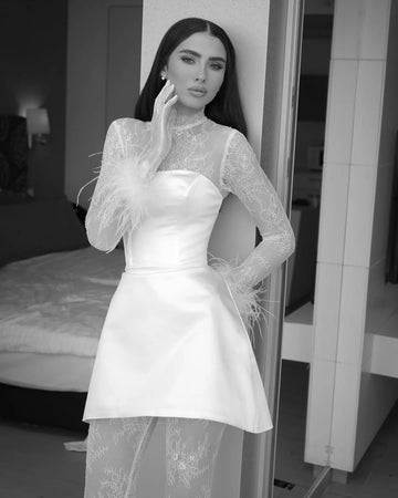 Simple Short Cocktail Wedding Dress High Neck Full Sleeves Club Lace Bridal Gown Ruched Pleat Above Knee Vestido De Noiva