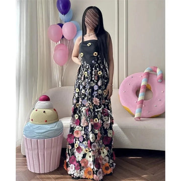 Flower Appliques Ankle-Length Prom Dresses Elegant Sleeveless A-line Spaghetti Strap Satin Evening Dress
