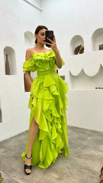 Sexy Side Split Prom Dress Black Off Shoulder Black Chiffon Strapless Edge Curl Vestidos De Noche