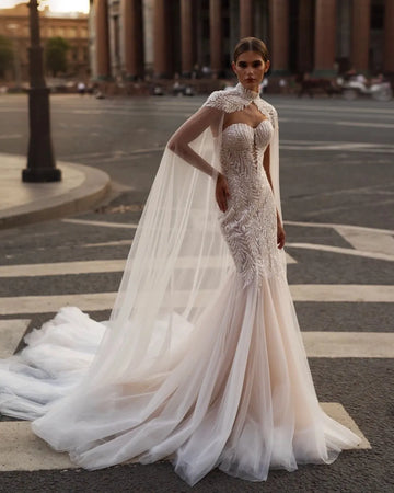 Romantic Sweetheart Neck Wedding Dress Sparkly Beads Sequins Bride Robe Graceful Mermaid With Jacket Bridal Gown Robe De Mariée Champagne