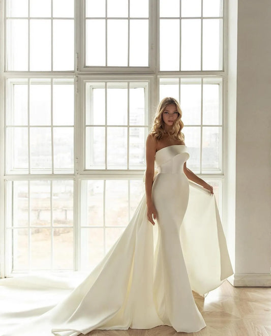 2 In 1 Mermaid Wedding Dress Modern Sleeveless Bow Satin Court Train Bridal Gown Princess Vestido De Novia
