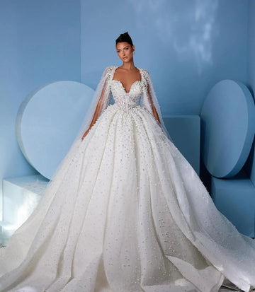 Elegant Full Pearls Evening Dresses For Weddings Middle East Ball Gown Bride Dress Coutures Dubai Pageant Party Dress Robes Gold