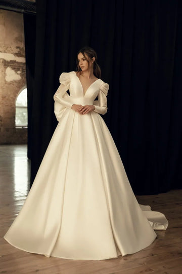 Satin V Neck White Bridal Gowns Puffy Long Sleeves Wedding Dresses Ruched Beading Vestidos de Novia Custom Made Big Bow As Picture
