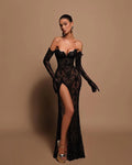 Sexy Black Lace Mermaid Prom Dress Strapless High Side Slit Formal Illusion Evening Dress Floor Length Party Gown