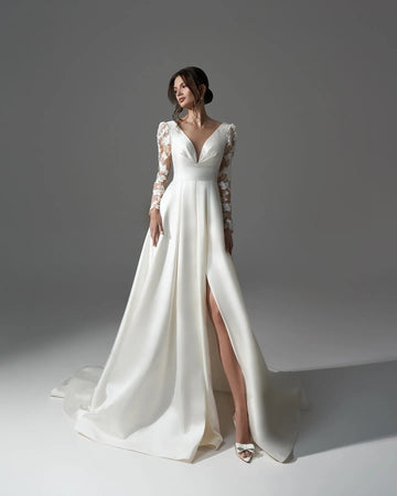 Elegant Simple Long Sleeve Wedding Dress Satin A Line V neck Bridal Gowns Side Split Bride Dress Sweep Train Plus Size Custom Color