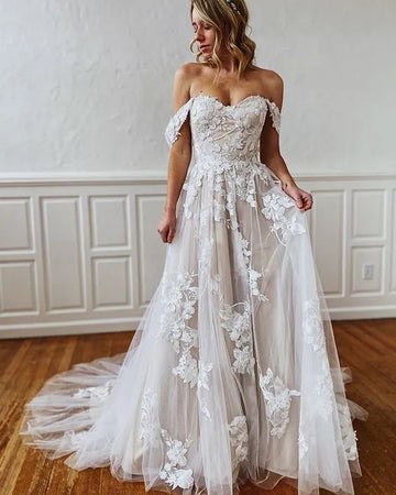 Off the Shoulder Sweetheart Lace Vestidos De Novia Gorgeous A-line Beach Wedding Dresses Appliques Vestido De Noiva As Picture