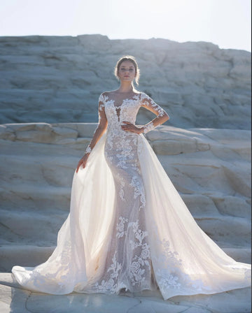 Long Sleeves Glitter Lace Mermaid Vestidos De Novia Sexy Scoop Neck Wedding Dresses Appliques Vestido De Noiva As Picture