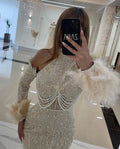 Charming Halter Pearls Tassel Dubai Evening Dresses Mermaid Long Sleeve Illusion Feathers Saudi Arabic Formal Party Gown