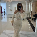 Charming Halter Pearls Tassel Dubai Evening Dresses Mermaid Long Sleeve Illusion Feathers Saudi Arabic Formal Party Gown