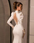 Spring White Wedding Dresses Arab High Neck Long Sleeves Lace Back Buttons Mermaid Satin Bridal Gown Party Dress