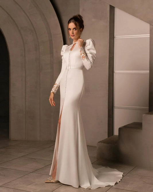 Spring White Wedding Dresses Arab High Neck Long Sleeves Lace Back Buttons Mermaid Satin Bridal Gown Party Dress