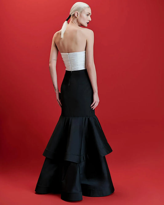 Fashion Black White Mermaid Prom Dress Satin Strapless Ruched Tiered Floor Length Evening Dress vestido de gala