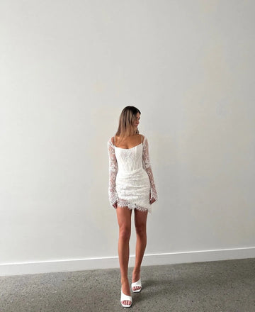 Modern Detachable Long Lace Sleeves Wedding Dresses Gowns Sequins Strapless Mini Formal Princess Bride Bridal Gown Dress